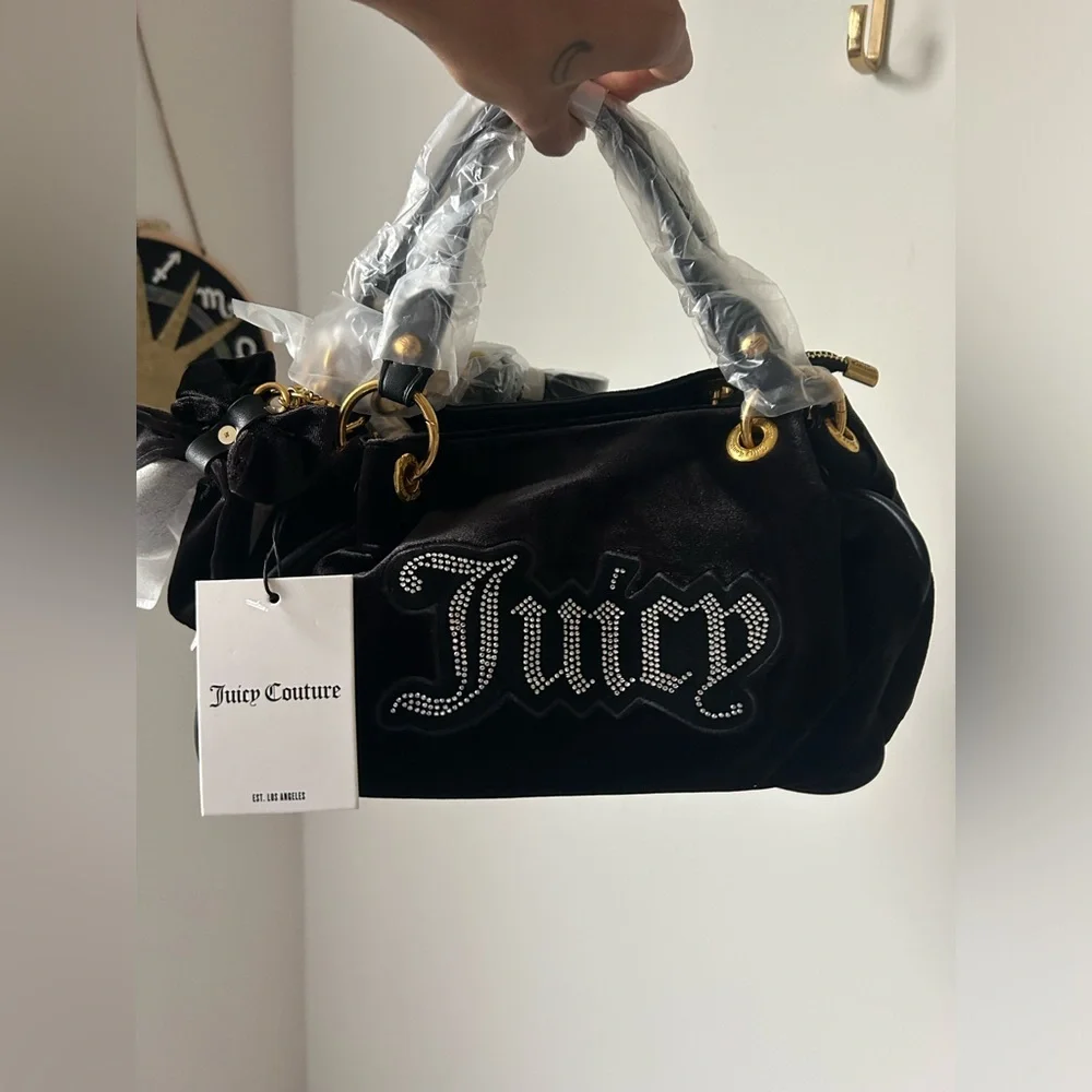 Black velvet rhinestone logo gold hardware satchel Bag